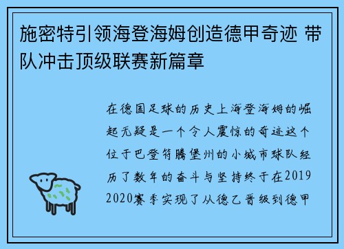 施密特引领海登海姆创造德甲奇迹 带队冲击顶级联赛新篇章